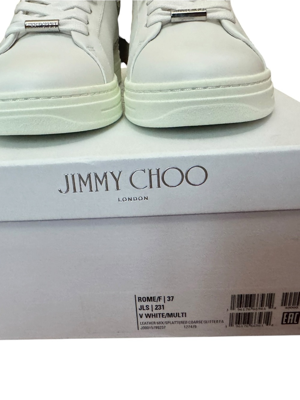 Jimmy Choo White Leather Low-Top Sneakers with Multicolor Glitter Heel - Picture 9 of 10